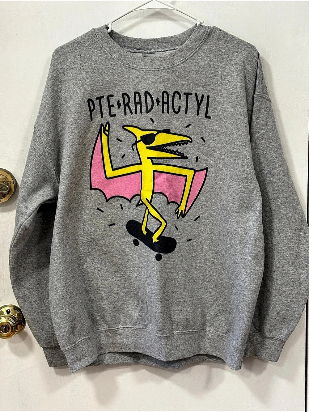 Gildan Heavy Blend Crewneck Sweatshirt Rad Pterodactyl Yellow & Pink